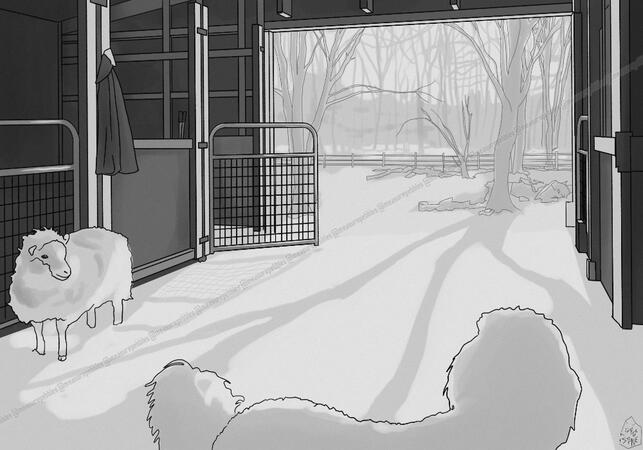 "Sheep Farm" a digital illustration with romantic watercolour shading