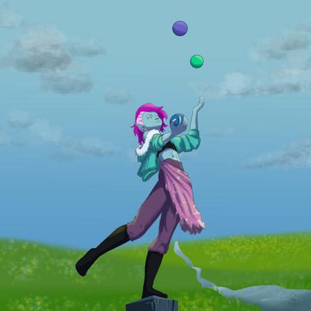 "Juggler" An illustration of an elven entertainer juggling in a field