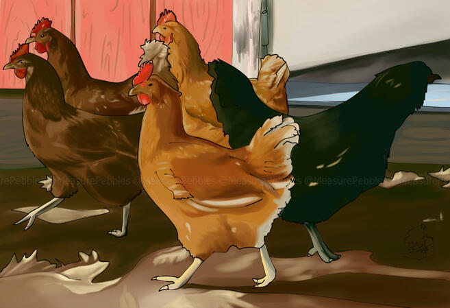 "The Girls" An illustration of chickens done in a whimsical, soft painted style.