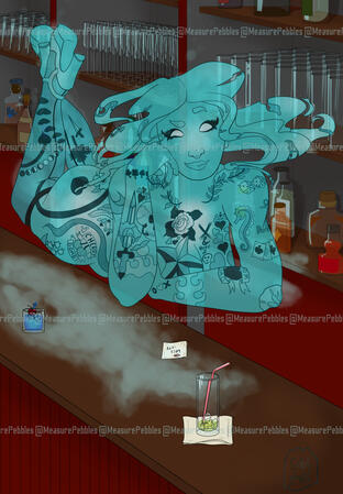 "Ghostly Good Time" A pinup illustration of a ghost at a bar