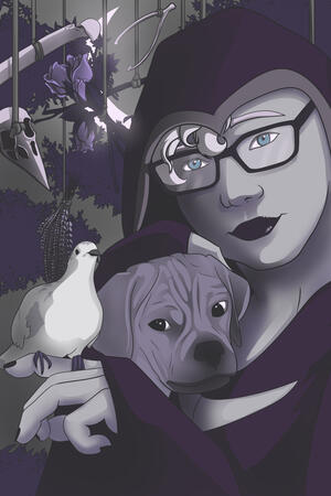 A young woman with her dog and rock dove in the moonlight amongst the trees hung with spell components.