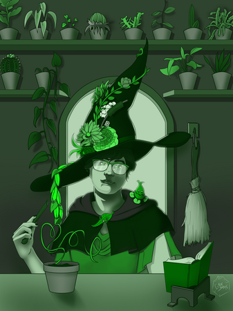 "Plant Witch" An illustrative portriat for a client of themselves as a witch surrounded by plants